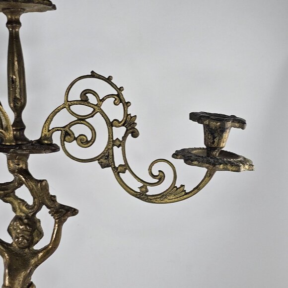Antique Victorian Cherub Candelabra Brass Cast Metal 3 Arms Candle Holder - Picture 6 of 12